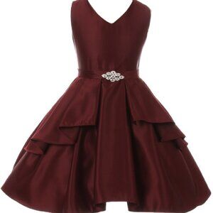 Sleeveless Satin Overlays Brooch Sash V Neck Easter Flowers Girls Dress Burgundy